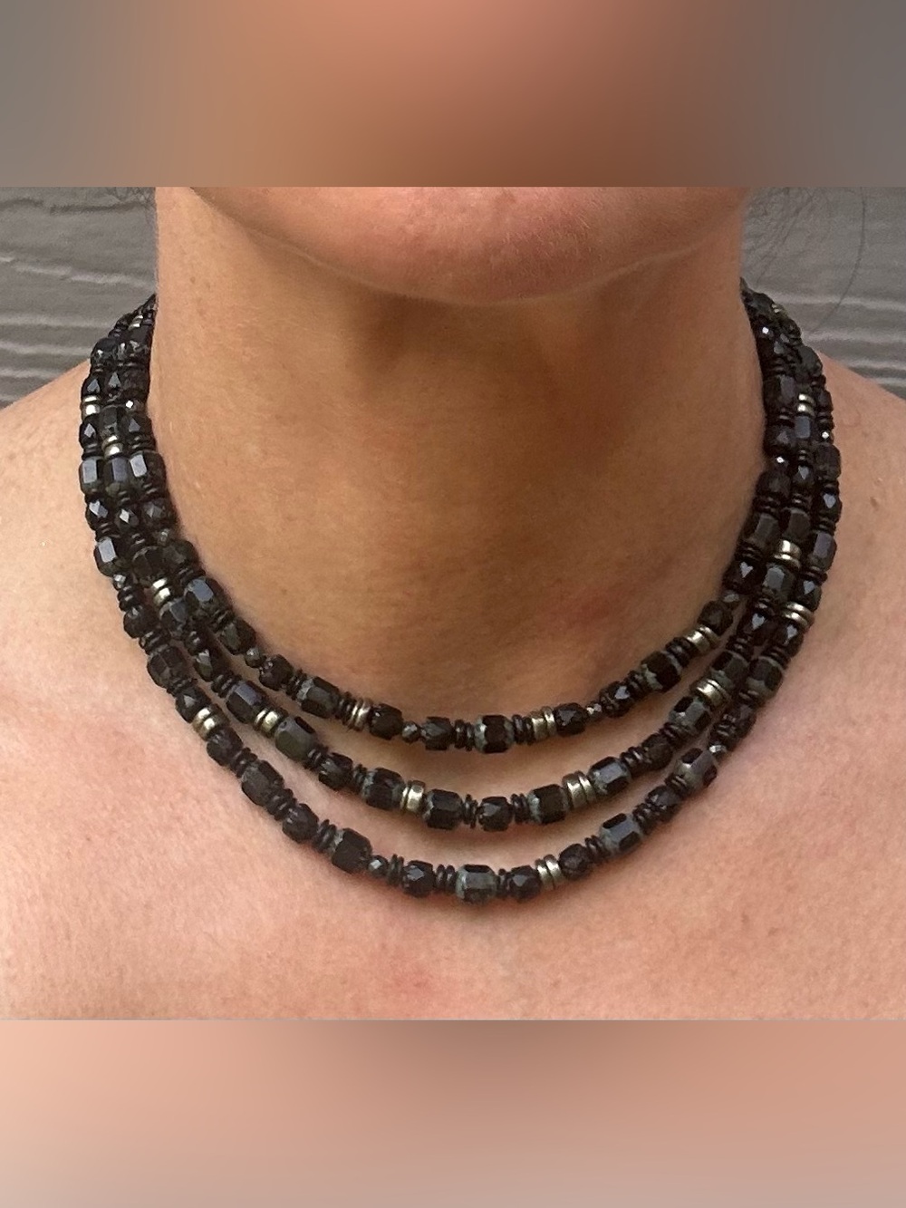 NWOT Artisan Triple-Strand Necklace with Black Czech Beads & Silver Accents